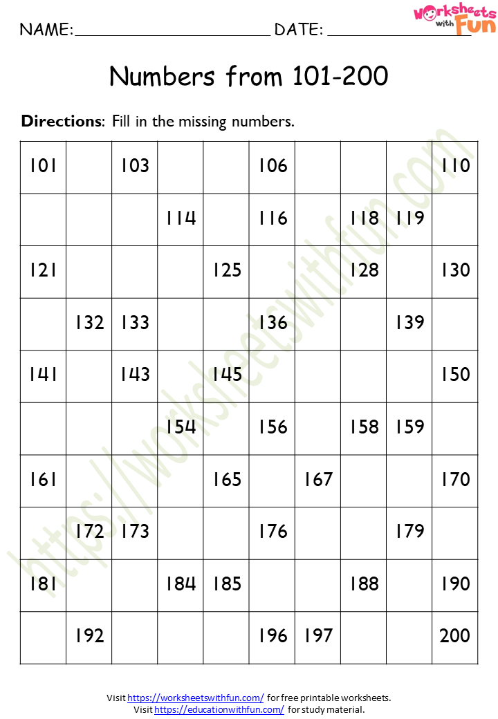 1 To 200 Missing Numbers Worksheet